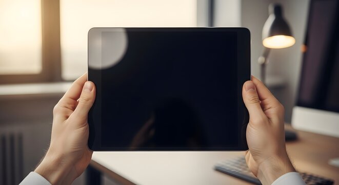 Person holding a tablet with a blank screen in front of a desk with a lamp and a computer