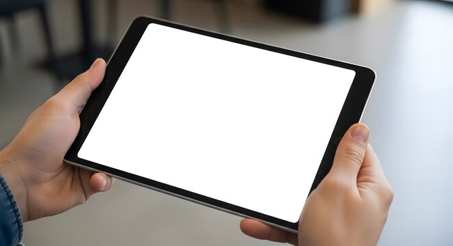 Person holding a tablet with a blank white screen in landscape orientation with both hands indoors - Powered by Adobe