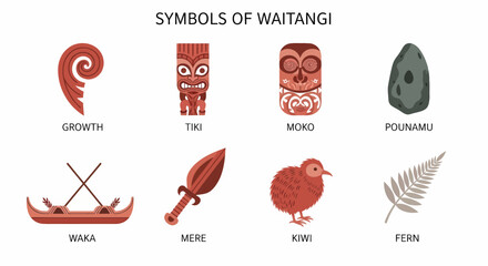 Eight symbols of Waitangi growth tiki moko pounamu waka mere kiwi and fern © Agung