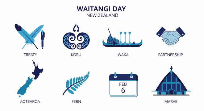 Graphic icons for Waitangi Day New Zealand featuring cultural and national symbols