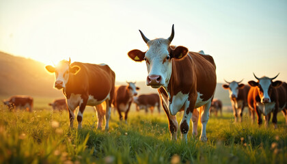 Herd of brown and white cows graze on a green grassy field during golden hour sunset. Cattle stand peacefully in meadow near farm. Livestock animals on rural farmland pasture.
