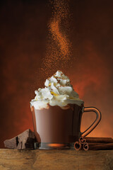 powder sprinkled on cup of hot chocolate with whipped cream and cinnamon against brown background