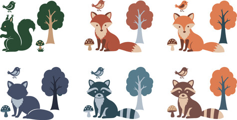 Cute woodland animals illustration with fox, squirrel, raccoon, birds, trees, and mushrooms in autumn forest flat cartoon design