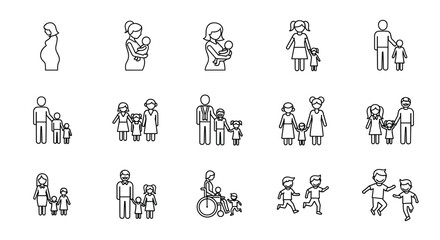 Fototapeta premium Illustration of various family structures, including single parents, couples with children, and families with disabled members
