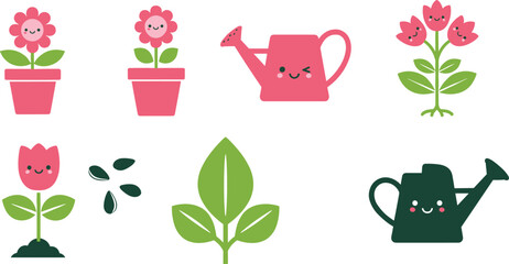 Cute kawaii watering can and flower pot illustration showing happy flowers, plant growth and gardening concept in flat cartoon style © Kartik Creative