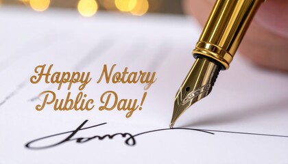 Happy Notary Public Day with Golden Fountain Pen Signing Official Document