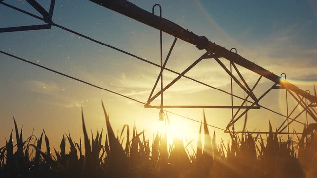 Silhouettes of corn and irrigation system frame the sunset scene, with corn and irrigation creating patterns against the sun. Corn leaves and irrigation structure highlight dusk co