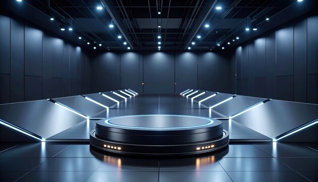 Futuristic Dark Room with Glowing Podium Stage and Blue Light Architecture, Modern Empty Showroom Background for Technology Product Display.