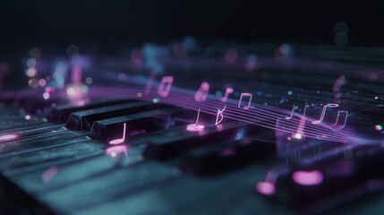 Futuristic AI music composer workstation emitting glowing musical notes and animated digital waveforms.