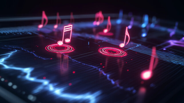 Futuristic AI music composer workstation emitting glowing musical notes and animated digital waveforms.