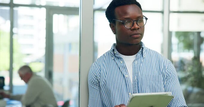 Business, man and reading with tablet in office for research, proofreading and update draft. Thinking, male journalist and digital for fact check, editor feedback and problem solving for publication