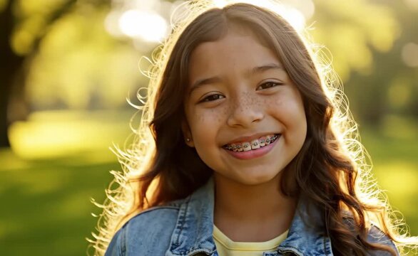 Close-up portrait of a joyful young girl with a radiant smile, showcasing her orthodontic braces, captured outdoors in natural golden sunlight, embodying childhood happiness and positive energy