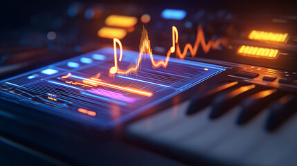 Futuristic AI music composer workstation emitting glowing musical notes and animated digital waveforms.