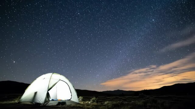 A tranquil camping setup beneath a star-filled sky with an illuminated tent amid serene wilderness, perfect for outdoor adventure and stargazing enthusiasts.