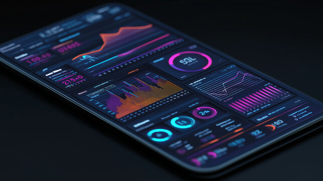 Futuristic data analytics dashboard with floating 3D charts, predictive graphs, and glowing performance metrics.