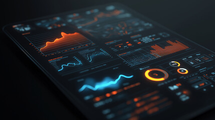 Futuristic data analytics dashboard with floating 3D charts, predictive graphs, and glowing performance metrics.