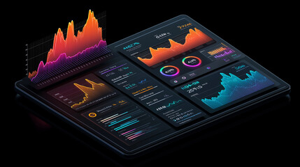 Futuristic data analytics dashboard with floating 3D charts, predictive graphs, and glowing performance metrics.
