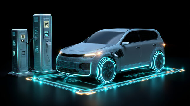 Futuristic electric vehicle connected to a glowing smart charging station with holographic energy indicators.