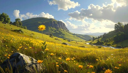 Idyllic meadow landscape with wildflowers, rolling hills, and dramatic skies
