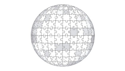 Global puzzle sphere illustration symbolizing connection, strategy, unity and completeness