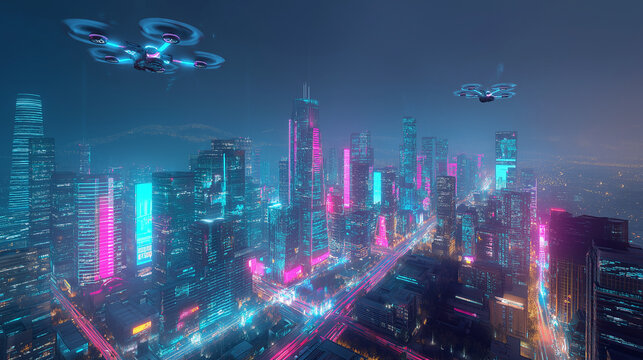 Futuristic smart city at night with neon-lit skyscrapers, autonomous drones, holographic billboards, and glowing digital traffic systems