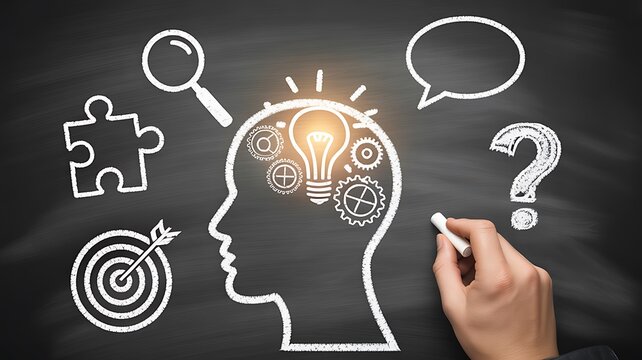Hand drawing a head with gears and a lightbulb on a blackboard surface