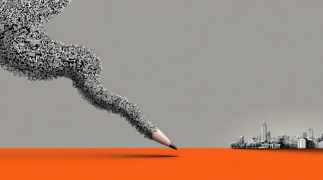 Creative Penmanship: Giant Pencil with Alphabet Smoke Approaches Miniature Cityscape