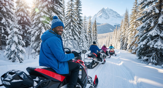 Happy black man smiling and looking over shoulder while riding a snowmobile in winter. Group of friends on an adventure in a snowy mountain forest. Outdoor recreation and travel concept