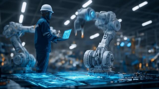 Skilled engineer supervises intelligent robotic arms and automation systems in a modern, high-tech smart factory environment.
