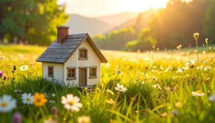 Idyllic Miniature House in a Sun-Kissed Meadow of Wildflowers Dream Home Scenery