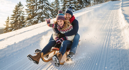 Happy young couple having fun sledding down a snowy hill. Laughing man and woman enjoying a toboggan ride on a winter vacation