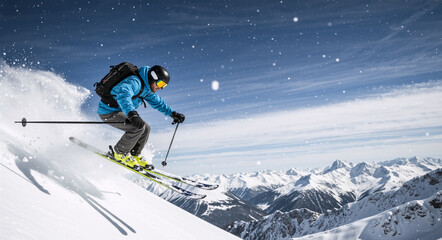 Professional skier in action on a snowy mountain slope. Man skiing downhill in fresh powder. Winter sports adventure concept with a scenic mountain range background