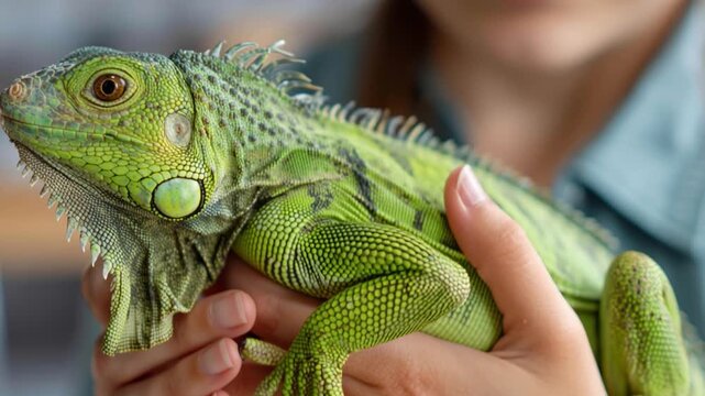 Young woman's hands holding a pet iguana