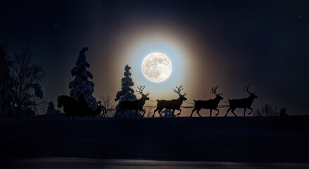 Fototapeta premium Silhouette of Reindeer Pulling Sleigh Against Full Moon Winter Night