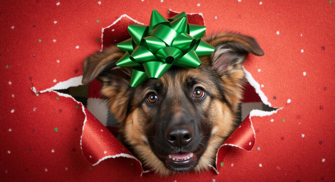 Adorable German Shepherd puppy with a green bow peeking through torn red wrapping paper. A surprise Christmas gift or holiday present for the family