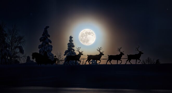 Silhouette of Reindeer Pulling Sleigh Against Full Moon Winter Night
