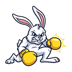 Obraz premium An aggressive white cartoon rabbit in a fighting stance wearing yellow boxing gloves.