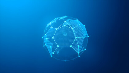 Digital collaboration advertising image. Holographic dot globe, with a hexagonal network of six lines extending from the globe. Blue background. Generative AI.