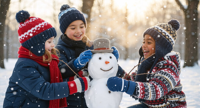 Group of happy diverse children building a snowman outdoors. Friends playing together in a snowy park during winter. Childhood friendship and fun