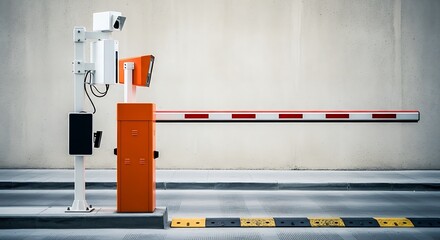 Security barrier with camera and access control system at parking entrance