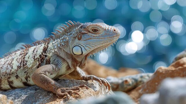 Close up of a iguana on a rock with a blue water background