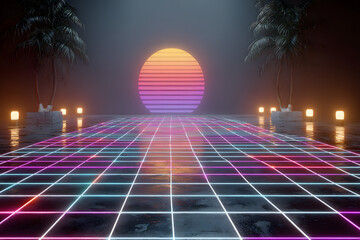 Retro-futuristic neon landscape with a glowing grid floor, palm trees, and stylized sunset, evoking 80s synthwave vibes and digital nostalgia.
