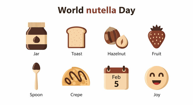 Infographic showing eight icons related to World Nutella Day on February 5th