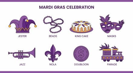 Mardi Gras celebration icons featuring a jester hat beads cake masks trumpet fleurdelis coin and parade float © Agung
