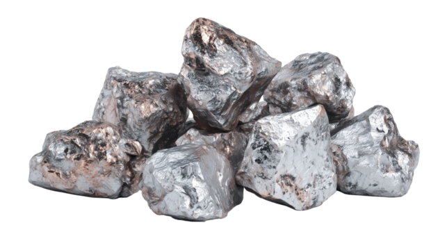 Metallic silver rocks arranged on a white background, showcasing their shiny surface and natural textures in a clear view Generative AI