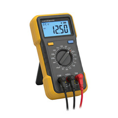 Yellow Digital Multimeter For Electrical Measurements With Black Casing And Blue Screen Display Showing 12.50 Isolated On A Transparent Background