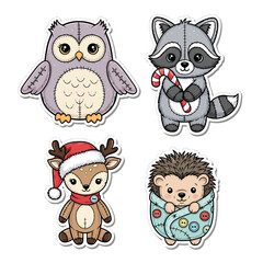 Obraz premium Cute cartoon animals: owl, raccoon, deer, and hedgehog, in a sticker style.