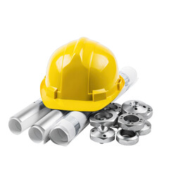 Yellow Hard Hat Blueprints and Metal Flanges on a Transparent Background Representing Construction Industry Safety and Engineering