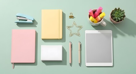 Overhead shot of pastel stationery items, including notebooks, pens, and a tablet on a green surface