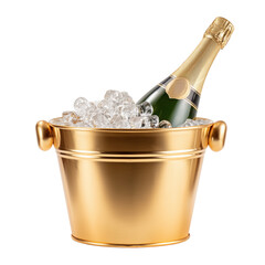 Chilled champagne in a golden bucket with ice for celebration or luxury event at a festive gathering Generative AI